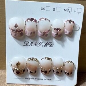 Press On Nails Short Square Rhinestone Leopard‎ False Nail Tips Set